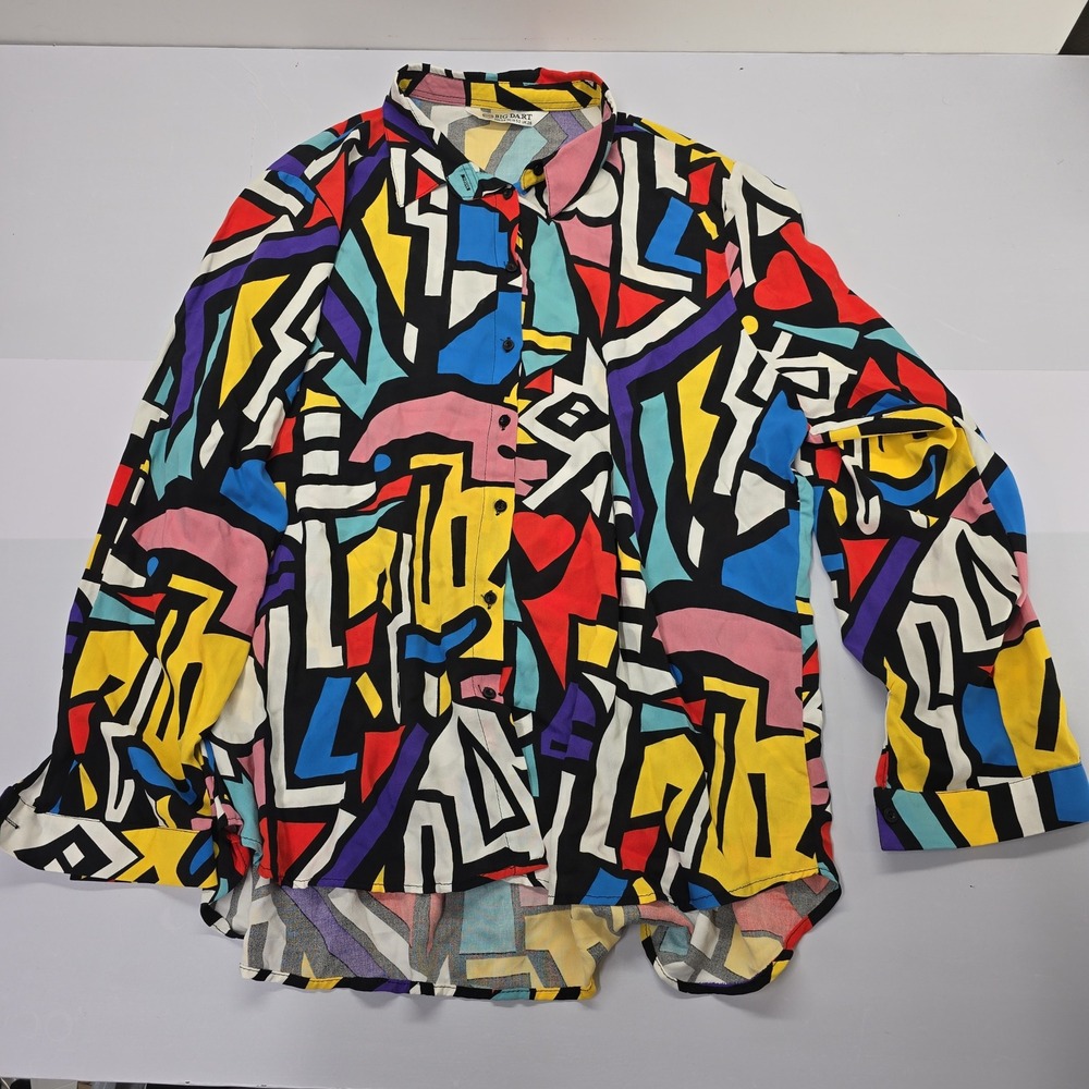 Big Dart Abstract Pop Art Geometric Print Button Down Shirt Multicolor Plus 26